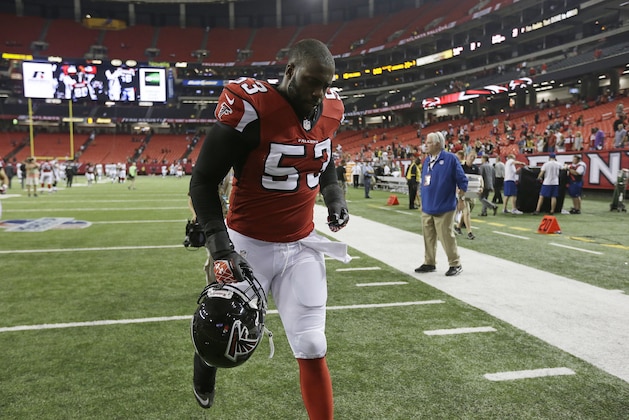 Atlanta Falcons linebacker Brian Banks (53) walks off the field after the second half of a preseason NFL football game against the Jacksonville Jaguars, Thursday, Aug. 29, 2013, in Atlanta. (AP Photo/Dave Martin)