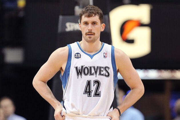 MINNEAPOLIS, MN - April 16:  Kevin Love #42 of the Minnesota Timberwolves stands on the court against the Utah Jazz on April 16, 2014 at Target Center in Minneapolis, Minnesota. NOTE TO USER: User expressly acknowledges and agrees that, by downloading and or using this Photograph, user is consenting to the terms and conditions of the Getty Images License Agreement. Mandatory Copyright Notice: Copyright 2014 NBAE (Photo by Jordan Johnson/NBAE via Getty Images)