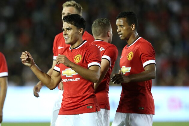PASADENA, CA - JULY 23:  Reece James #41 of Manchester United celebrates after the second of his two second half goals against the Los Angeles Galaxy at the Rose Bowl on July 23, 2014 in Pasadena, California. Manchester United won 7-0.  (Photo by Stephen Dunn/Getty Images)