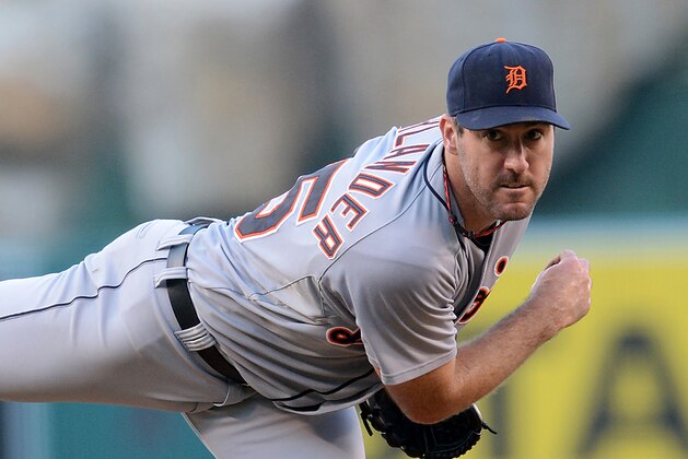 Jul 26, 2014; Anaheim, CA, USA; Detroit Tigers starting pitcher Justin Verlander (35) delivers a pitch in the second inning of the game against the Los Angeles Angels at Angel Stadium of Anaheim. Mandatory Credit: Jayne Kamin-Oncea-USA TODAY Sports