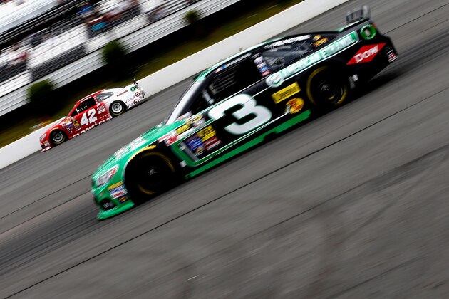LONG POND, PA - AUGUST 02:  Kyle Larson, driver of the #42 Target Chevrolet, and Austin Dillon, driver of the #3 American Ethanol Chevrolet, drive during practice for the NASCAR Sprint Cup Series GoBowling.com 400 at Pocono Raceway on August 2, 2014 in Long Pond, Pennsylvania.  (Photo by Jeff Zelevansky/Getty Images)