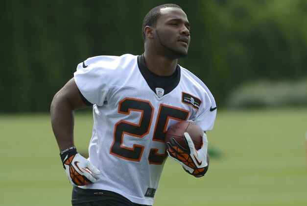Cincinnati Bengals rookie running back Giovani Bernard carries the ball during an NFL football team practice Tuesday, May 21, 2013 at Paul Brown Stadium in Cincinnati, Ohio.  (AP Photo/Michael E. Keating)