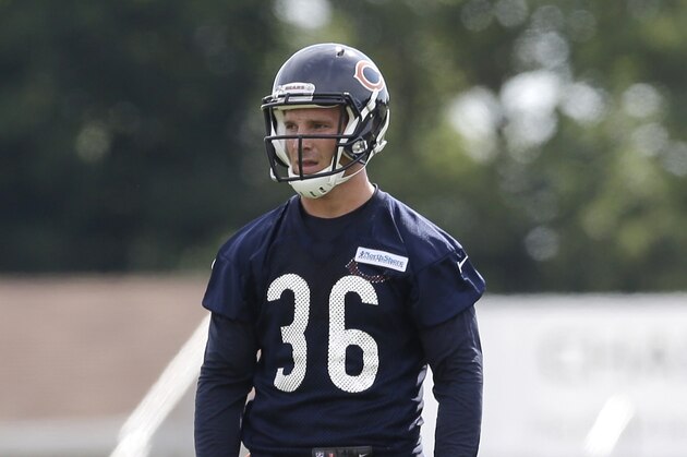 Chicago Bears running back Jordan Lynch (36) watches teammates during team's NFL football training camp at Olivet Nazarene University on Friday, July 25, 2014., in Bourbonnais, Ill. (AP Photo/Nam Y. Huh)