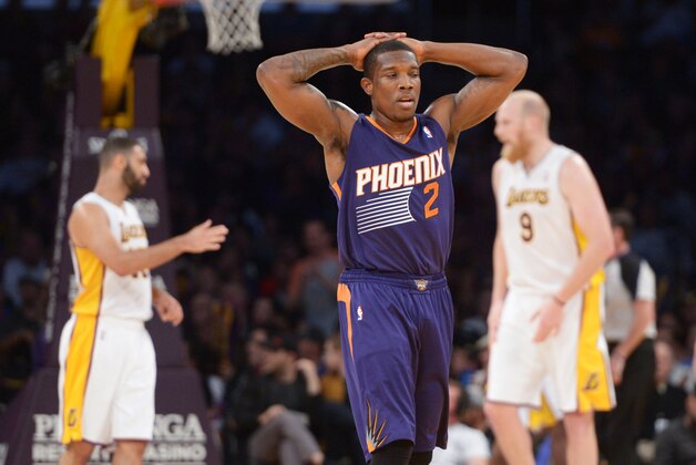Mar 30, 2014; Los Angeles, CA, USA; Phoenix Suns guard Eric Bledsoe (2) reacts in the fourth quarter against the Los Angeles Lakers at Staples Center. The Lakers defeated the Suns 115-99. Mandatory Credit: Kirby Lee-USA TODAY Sports