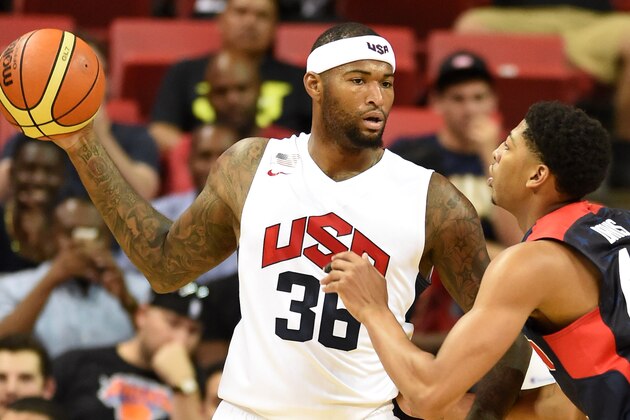 LAS VEGAS, NV - AUGUST 01:  DeMarcus Cousins #36 of the 2014 USA Basketball Men's National Team is guarded by Anthony Davis #42 of the 2014 USA Basketball Men's National Team during a USA Basketball showcase at the Thomas & Mack Center on August 1, 2014 in Las Vegas, Nevada.  (Photo by Ethan Miller/Getty Images)
