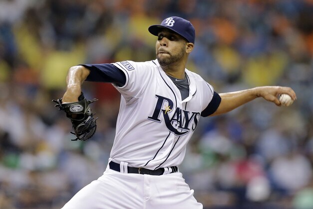 Tampa Bay Rays starting pitcher David Price delivers to the Milwaukee Brewers during the second inning of an interleague baseball game Wednesday, July 30, 2014, in St. Petersburg, Fla. (AP Photo/Chris O'Meara)