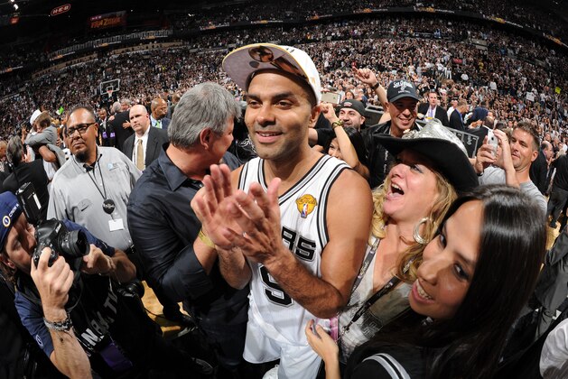 SAN ANTONIO, TX - JUNE 15:  Tony Parker #9 of the San Antonio Spurs celebrates after the San Antonio Spurs victory in Game Five and winning the 2014 NBA Finals between the Miami Heat and San Antonio Spurs at AT&T Center on June 15, 2014 in San Antonio, Texas. NOTE TO USER: User expressly acknowledges and agrees that, by downloading and/or using this photograph, user is consenting to the terms and conditions of the Getty Images License Agreement.  Mandatory Copyright Notice: Copyright 2014 NBAE (Photo by Andrew D Bernstein/NBAE via Getty Images)