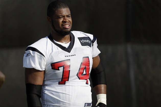 Houston Texans center Wade Smith (74) during the first day of their NFL football training camp Monday, Aug. 1, 2011, in Houston. (AP Photo/David J. Phillip)