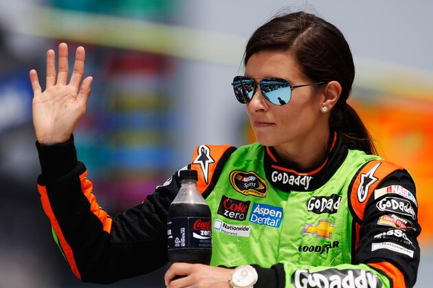 INDIANAPOLIS, IN - JULY 27:  Danica Patrick, driver of the #10 GoDaddy Chevrolet, participates in pre-race ceremonies for the NASCAR Sprint Cup Series Crown Royal Presents The John Wayne Walding 400 at the Brickyard Indianapolis Motor Speedway on July 27, 2014 in Indianapolis, Indiana.  (Photo by Sean Gardner/Getty Images)