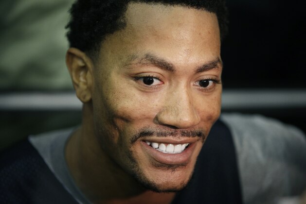 The Chicago Bulls' Derrick Rose speaks with the media after a USA Basketball minicamp practice Monday, July 28, 2014, in Las Vegas. (AP Photo/John Locher)