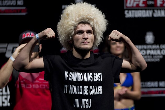 Fighter Khabib Nurmagomedov from the US gestures as he weighs-in for the Ultimate Fighting Championship, UFC, in Sao Paulo, Brazil, Friday, Jan. 18, 2013. Nurmagomedov will compete in UFC in Sao Paulo on Jan. 19. (AP Photo/Andre Penner)