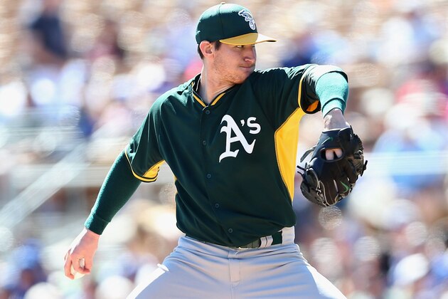GLENDALE, AZ - MARCH 10:  Starting pitcher Jarrod Parker #11 of the Oakland Athletics pitches against the Los Angeles Dodgers during the spring training game at Camelback Ranch on March 10, 2014 in Glendale, Arizona.  (Photo by Christian Petersen/Getty Images)