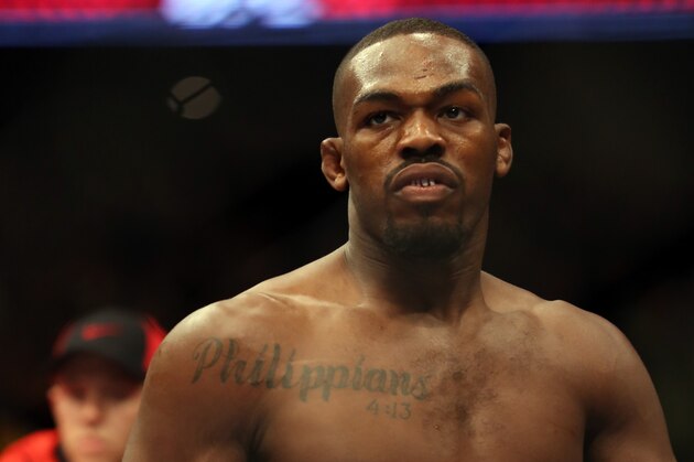 Jon Jones is seen in the ring before his UFC 159 Mixed Martial Arts light heavyweight title bout in Newark, NJ, Saturday, April 27,2013.  Jones retained his title via first round TKO. (AP Photo/Gregory Payan)