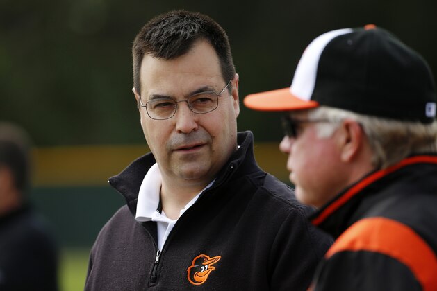 Baltimore Orioles executive vice president for baseball operations Dan Duquette, left, talks with manager Buck Showalter as they watch a bullpen session on the second day of pitchers and catchers working out at the team's baseball spring training facility in Sarasota, Fla., Saturday, Feb. 15, 2014. The Orioles' first full-squad workout is set for Tuesday. (AP Photo/Gene J. Puskar)
