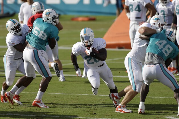 Miami Dolphins running back Lamar Miller (26) runs the ball during NFL football training camp in Davie, Fla., Monday, Aug. 4, 2014. (AP Photo/Alan Diaz)