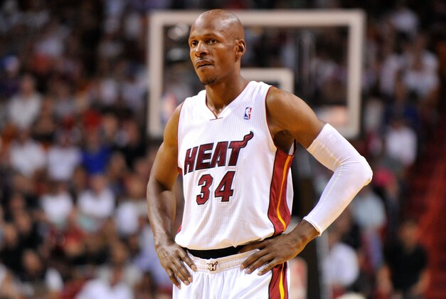 Mar 16, 2014; Miami, FL, USA; Miami Heat guard Ray Allen (34) looks on during the first half against the Houston Rockets at American Airlines Arena. Mandatory Credit: Steve Mitchell-USA TODAY Sports