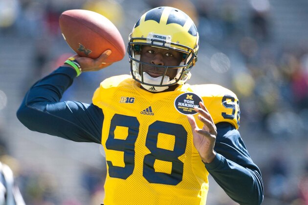 Apr 5, 2014; Ann Arbor, MI, USA; Michigan Wolverines quarterback Devin Gardner (98) before the Spring Game at Michigan Stadium. Mandatory Credit: Tim Fuller-USA TODAY Sports