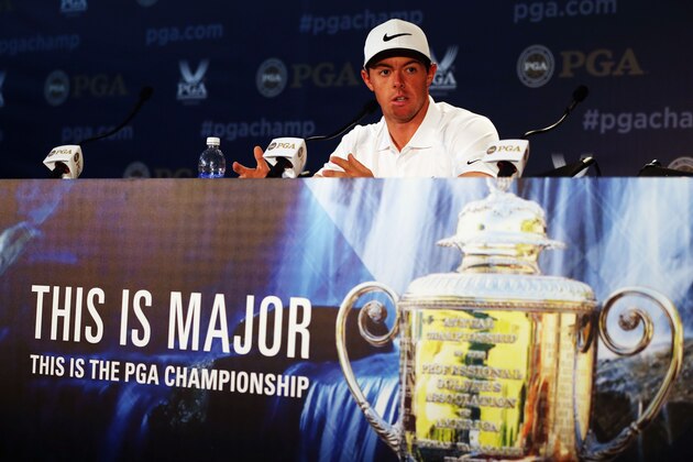 LOUISVILLE, KY - AUGUST 05:  Rory McIlroy of Northern Ireland talks to the media during a press conference prior to the start of the 96th PGA Championship at Valhalla Golf Club on August 5, 2014 in Louisville, Kentucky.  (Photo by Andrew Redington/Getty Images)