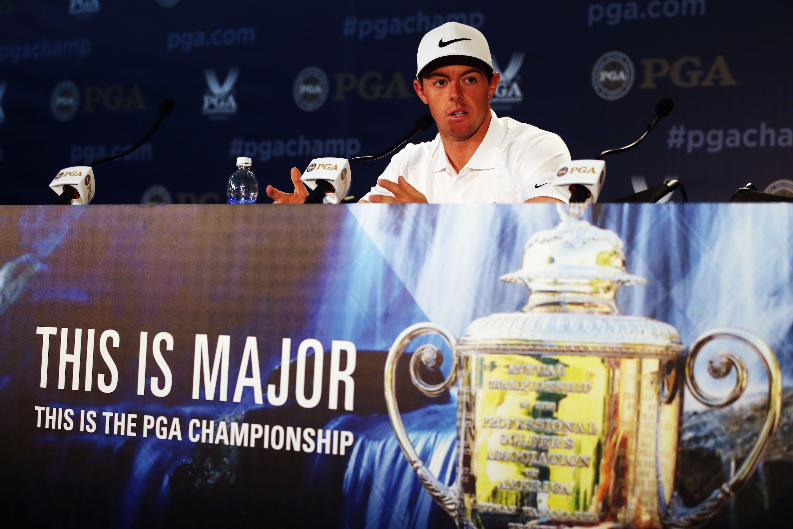 LOUISVILLE, KY - AUGUST 05:  Rory McIlroy of Northern Ireland talks to the media during a press conference prior to the start of the 96th PGA Championship at Valhalla Golf Club on August 5, 2014 in Louisville, Kentucky.  (Photo by Andrew Redington/Getty Images)