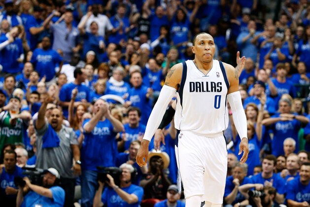 Apr 26, 2014; Dallas, TX, USA; Dallas Mavericks forward Shawn Marion (0) reacts during the game against the San Antonio Spurs in game three of the first round of the 2014 NBA Playoffs at American Airlines Center. Dallas won 109-108. Mandatory Credit: Kevin Jairaj-USA TODAY Sports