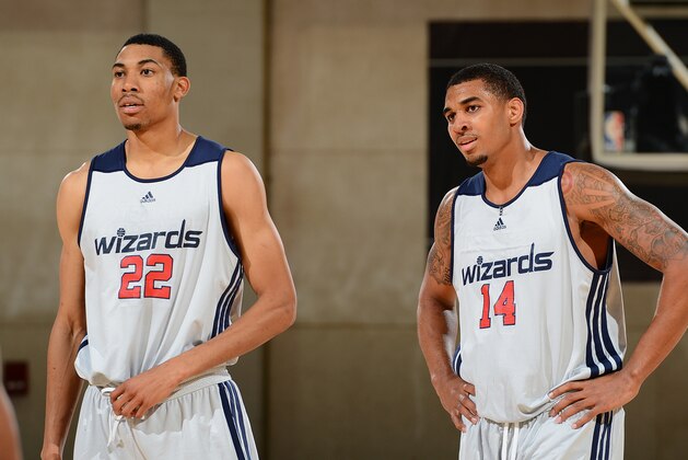 LAS VEGAS, NV - JULY 14: Otto Porter #22 and Glen Rice Jr. #14 of the Washington Wizards look on during the game against the New York Knicks during NBA Summer League on July 14, 2013 at the Cox Pavilion in Las Vegas, Nevada. NOTE TO USER: User expressly acknowledges and agrees that, by downloading and/or using this Photograph, user is consenting to the terms and conditions of the Getty Images License Agreement. Mandatory Copyright Notice: Copyright 2013 NBAE (Photo by Garrett W. Ellwood/NBAE via Getty Images)