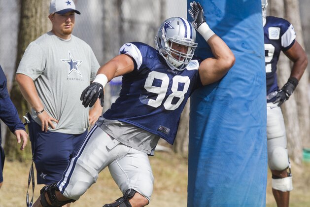 Dallas Cowboys defensive end Tyrone Crawford (98) at NFL football training camp, Wednesday, July 30, 2014, in Oxnard, Calif. (AP Photo/Ringo H.W. Chiu)