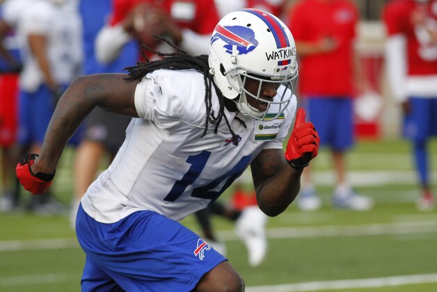 Buffalo Bills receiver Sammy Watkins (14) takes part in drills during their NFL football training camp in Pittsford, N.Y., Sunday, July 20, 2014. (AP Photo/Bill Wippert)