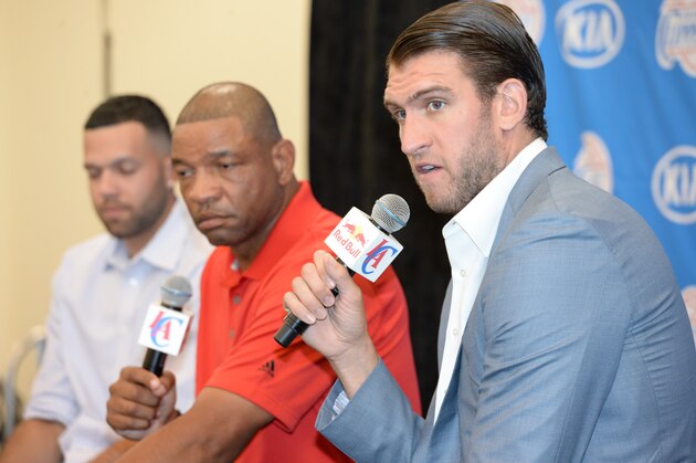 PLAYA VISTA, CA - JULY 10: Spencer Hawes #10 of the Los Angeles Clippers speaks to the media during a press conference on July 10, 2014 at the Los Angeles Clippers Training Facility in Playa Vista, California. NOTE TO USER: User expressly acknowledges and agrees that, by downloading and or using this Photograph, user is consenting to the terms and conditions of the Getty Images License Agreement. Mandatory Copyright Notice: Copyright 2014 NBAE (Photo by Andrew D. Bernstein/NBAE via Getty Images)