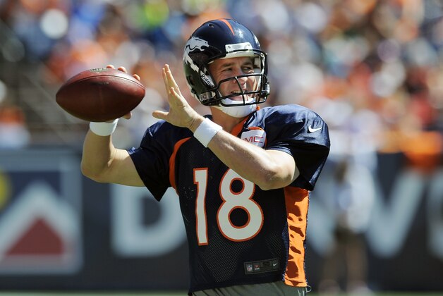 Denver Broncos quarterback Peyton Manning warms up before the start of the NFL Broncos Summer Scrimmage at Sports Authority Field at Mile High on Saturday, Aug. 2, 2014, in Denver. (AP Photo/Chris Schneider)