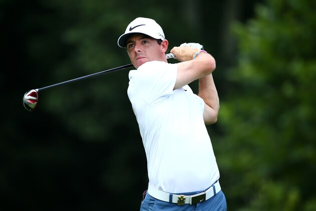 LOUISVILLE, KY - AUGUST 05: Rory McIlroy of Northern Ireland hits a tee shot during a practice round prior to the start of the 96th PGA Championship at Valhalla Golf Club on August 5, 2014 in Louisville, Kentucky.  (Photo by Andy Lyons/Getty Images)