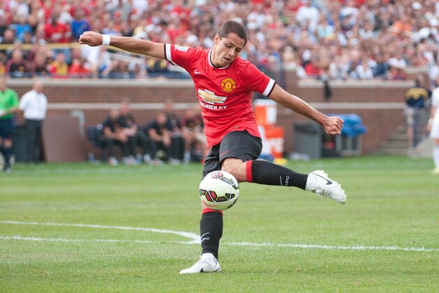 Aug 2, 2014; Ann Arbor, MI, USA; Manchester United forward Javier Hernandez (14) during the second half against the Real Madrid at Michigan Stadium. Mandatory Credit: Tim Fuller-USA TODAY Sports