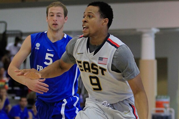 Jul 18, 2013; Washington, DC, USA; Team USA East player Isaiah Briscoe (9) dribbles the ball against Team France during the Nike Global Challenge at Trinity University in Washington, DC. Mandatory Credit: Geoff Burke-USA TODAY Sports