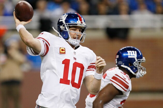 DETROIT, MI - DECEMBER 22: Eli Manning #10 of the New York Giants throws a first quarter pass while playing the Detroit Lions at Ford Field on December 22, 2013 in Detroit, Michigan. (Photo by Gregory Shamus/Getty Images) DETROIT, MI - DECEMBER 22: Eli Manning #10 of the New York Giants throws a first quarter pass while playing the Detroit Lions at Ford Field on December 22, 2013 in Detroit, Michigan. (Photo by Gregory Shamus/Getty Images)