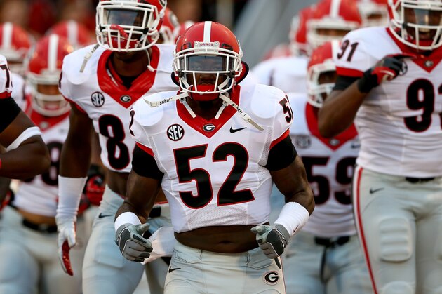 CLEMSON, SC - AUGUST 31:  Amarlo Herrera #52 of the Georgia Bulldogs during their game at Memorial Stadium on August 31, 2013 in Clemson, South Carolina.  (Photo by Streeter Lecka/Getty Images)