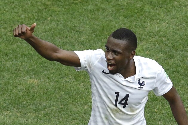 France's Blaise Matuidi gives thumb up after the World Cup round of 16 soccer match between France and Nigeria at the Estadio Nacional in Brasilia, Brazil, Monday, June 30, 2014. (AP Photo/Hassan Ammar)