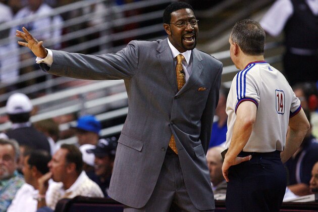 ORLANDO, FL - APRIL 20:  Head coach Sam Mitchell of the Toronto Raptors argues with official Joe DeRosa while taking on the Orlando Magic in Game One of the Eastern Conference Quarterfinals during the 2008 NBA Playoffs at the Amway Arena on April 20, 2008 in Orlando, Florida. The Magic defeated the Raptors 114-100. NOTE TO USER: User expressly acknowledges and agrees that, by downloading and or using this photograph, User is consenting to the terms and conditions of the Getty Images License Agreement.  (Photo by Doug Benc/Getty Images)