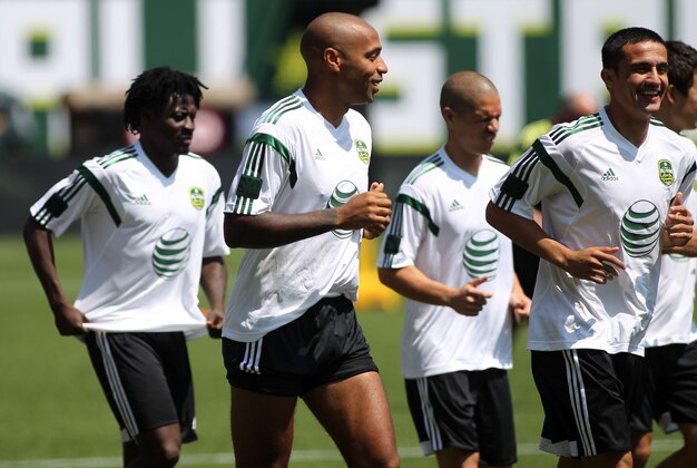 Aug 5, 2014; Portland, OR, USA; Thierry Henry (middle) of the New York Red Bulls warms up with MLS All Star teammates during a training session in advance of the 2014 MLS All Star Game at Providence Park. Mandatory Credit: Craig Mitchelldyer-USA TODAY Sports