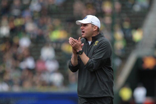May 3, 2014; Eugene, OR, USA; Oregon Head coach Mark Hilfrich reacts during the Spring Game Autzen Stadium. Mandatory Credit: Scott Olmos-USA TODAY Sports
