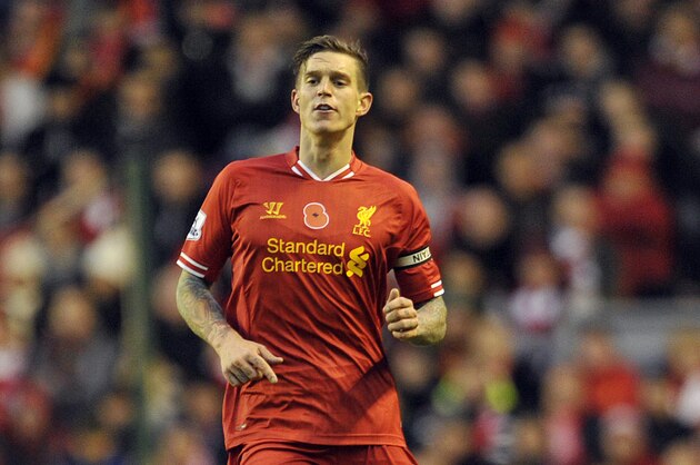Liverpool's Daniel Agger during their English Premier League soccer match against Fulham at Anfield in Liverpool, England, Saturday, Nov. 9, 2013. (AP Photo/Clint Hughes)