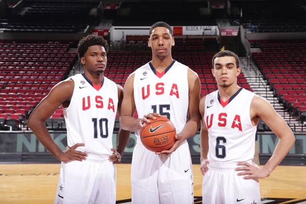 PORTLAND, OR - APRIL 12:  Justise Winslow #10, Jahlil Okafor #15 and Tyus Jones#6 pose for pictures before the game against the World Team on April 12, 2014 at the Moda Center Arena in Portland, Oregon. NOTE TO USER: User expressly acknowledges and agrees that, by downloading and or using this photograph, user is consenting to the terms and conditions of the Getty Images License Agreement. Mandatory Copyright Notice: Copyright 2014 NBAE (Photo by Sam Forencich/NBAE via Getty Images)