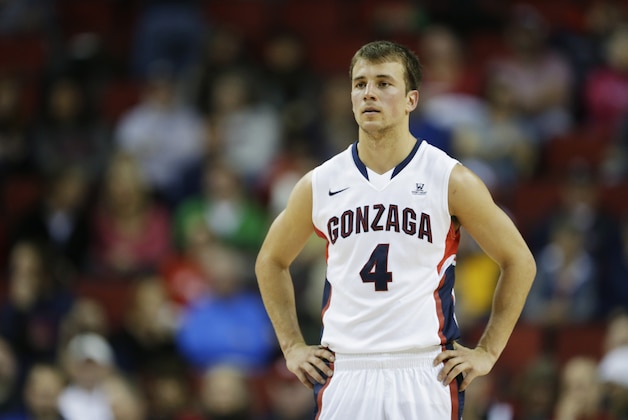 Gonzaga's Kevin Pangos (4) stands on the court during the second half of an NCAA college basketball game against South Alabama, Saturday, Dec. 14, 2013, in Seattle. (AP Photo/Ted S. Warren)