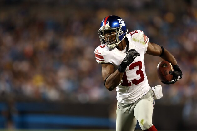 CHARLOTTE, NC - SEPTEMBER 20:  Ramses Barden #13 of the New York Giants during their game at Bank of America Stadium on September 20, 2012 in Charlotte, North Carolina.  (Photo by Streeter Lecka/Getty Images)