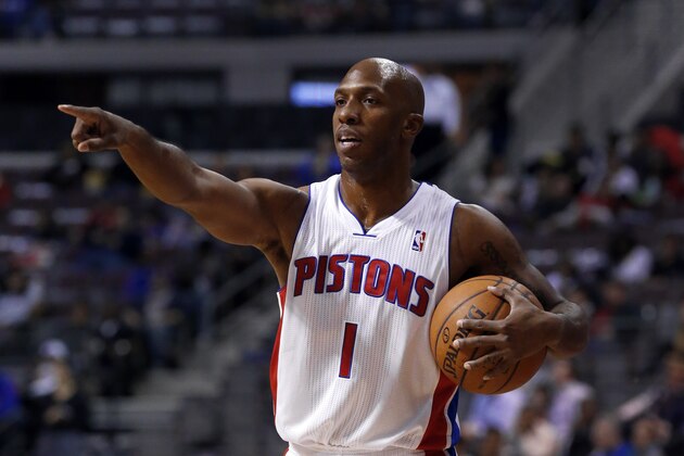 Detroit Pistons shooting guard Chauncey Billups (1) directs teammates against the Minnesota Timberwolves in the first half of an NBA basketball game in Auburn Hills, Mich., Tuesday, Dec. 10, 2013. (AP Photo/Paul Sancya)