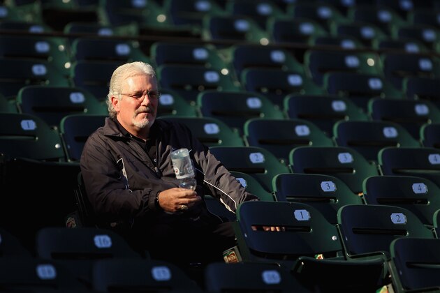 SAN FRANCISCO - OCTOBER 13:  San Francisco Giants general manager Brian Sabean sits in the stands during a workout session in preparation for the National League Championship Series at AT&T Park on October 13, 2010 in San Francisco, California.  (Photo by Ezra Shaw/Getty Images)