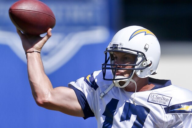 San Diego Chargers quarterback Philip Rivers fires a pass during practice at a NFL football training camp  Monday, Aug. 4, 2014, in San Diego.  (AP Photo/Lenny Ignelzi)