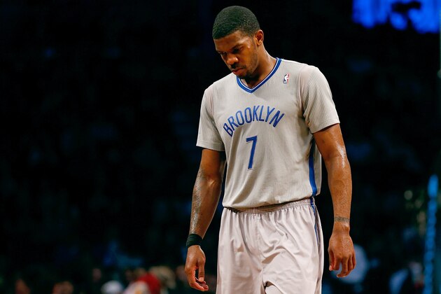 NEW YORK, NY - APRIL 11:  Joe Johnson #7 of the Brooklyn Nets reacts against the Atlanta Hawks at Barclays Center on April 11, 2014 in New York City. NOTE TO USER: User expressly acknowledges and agrees that, by downloading and or using this photograph, User is consenting to the terms and conditions of the Getty Images License Agreement. Hawks defeated the Nets 93-88. (Photo by Mike Stobe/Getty Images)