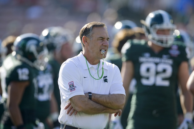 Michigan State head coach Mark Dantonio, watches his team during the first half of the Rose Bowl NCAA college football game on Wednesday, Jan. 1, 2014, in Pasadena, Calif. (AP Photo/Mark J. Terrill)