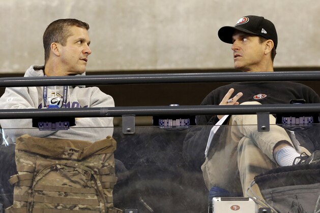 San Francisco 49ers head coach Jim Harbaugh, right, talks with Baltimore Ravens head coach John Harbaugh at the NFL football scouting combine in Indianapolis, Saturday, Feb. 22, 2014. (AP Photo/Nam Y. Huh)