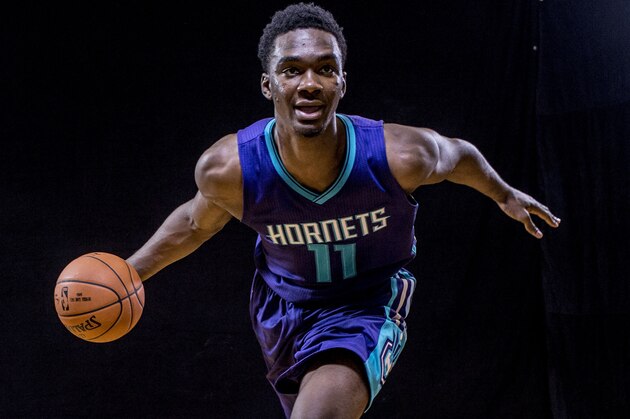 TARRYTOWN, NY - AUGUST 03: Noah Vonleh #11 of the Charlotte Hornets poses for a portrait during the 2014 NBA rookie photo shoot at MSG Training Center on August 3, 2014 in Tarrytown, New York. NOTE TO USER: User expressly acknowledges and agrees that, by downloading and or using this photograph, User is consenting to the terms and conditions of the Getty Images License Agreement. Mandatory Copyright Notice: Copyright 2014 NBAE  (Photo by Nick Laham/Getty Images)