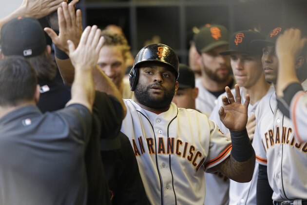 MILWAUKEE, WI - AUGUST 06:  Pablo Sandoval #48 of the San Francisco Giants celebrates in the dugout after reaching on a single off the bat of Michael Morse in the top of the first inning against the Milwaukee Brewers at Miller Park on August 06, 2014 in Milwaukee, Wisconsin. (Photo by Mike McGinnis/Getty Images)
